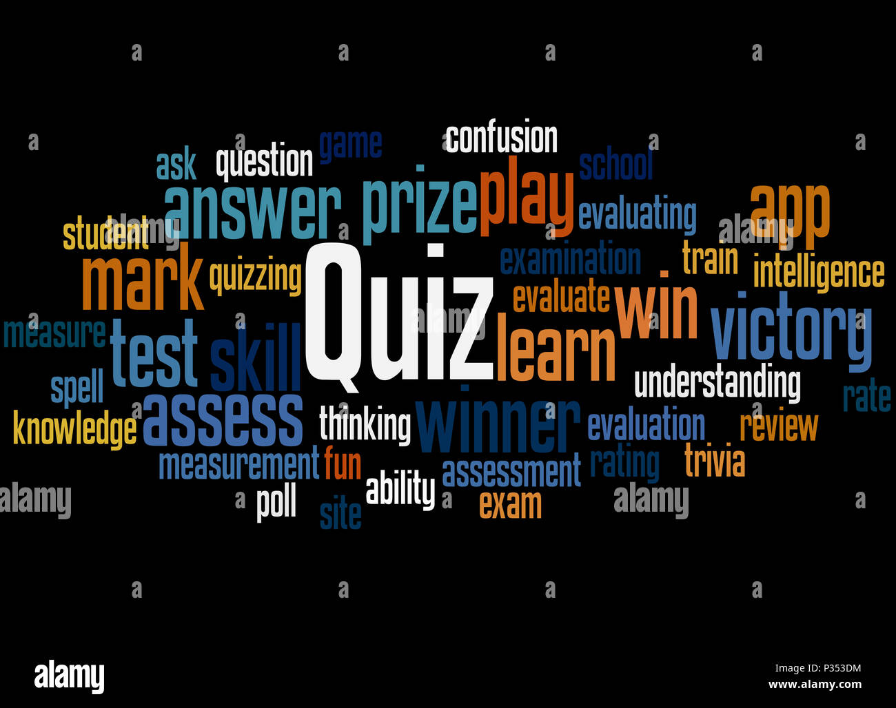 Quiz, word cloud concetto su sfondo nero. Foto Stock