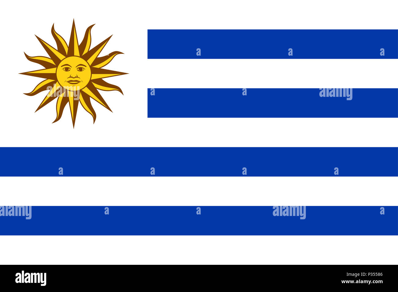Bandiera Nazionale dell Uruguay con sole di maggio su un cantone bianco e nove strisce orizzontali, alternando bianco e blu. Sol de Mayo, un emblema nazionale. Foto Stock