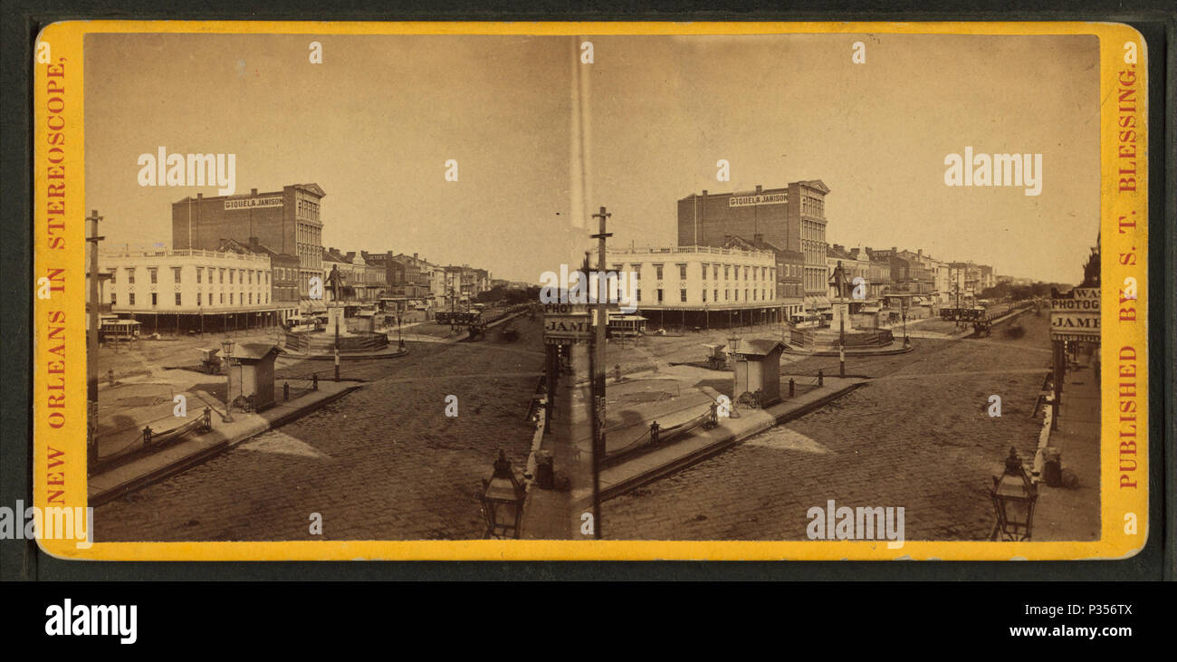 . Canal Street. Note: vista del Canal Street, cercando lakewards, con Henry Clay statua in corrispondenza della zona di spigolo di Canal Street & San Carlo. Horse tram visto rivestiti su Canal Street terreno neutrale al di là della statua; un altro è arrivare al canale e su San Carlo. Vista successiva al tram aggiuntivi via rotatoria davanti alla statua in argilla costruite nel 1868, ma è prima della Stevens edificio sul Canal Street è stato costruito (data necessari, c. mid 1870). Titolo alternativo: New Orleans in stereoscopio. . Copertura: 1868?-1901?. Fonte impronta: 1868?-1901?. Elemento digitale pubblicata 6-16-2005; aggiornato 2-13- Foto Stock