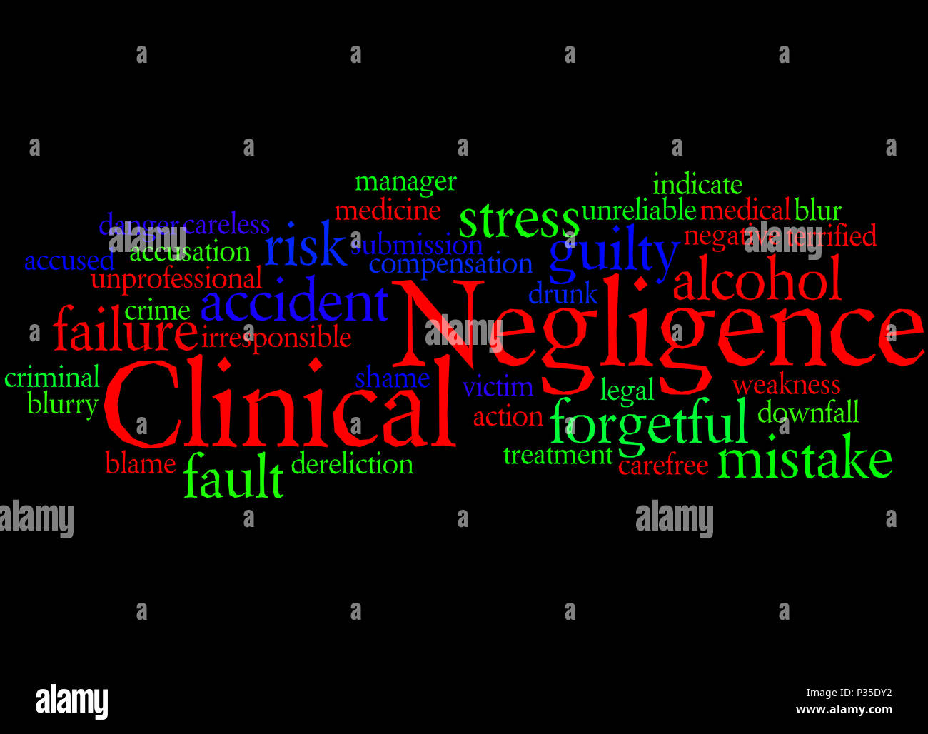 Negligenza clinica, word cloud concetto su sfondo nero. Foto Stock