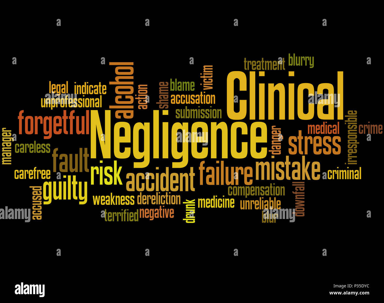 Negligenza clinica, word cloud concetto su sfondo nero. Foto Stock