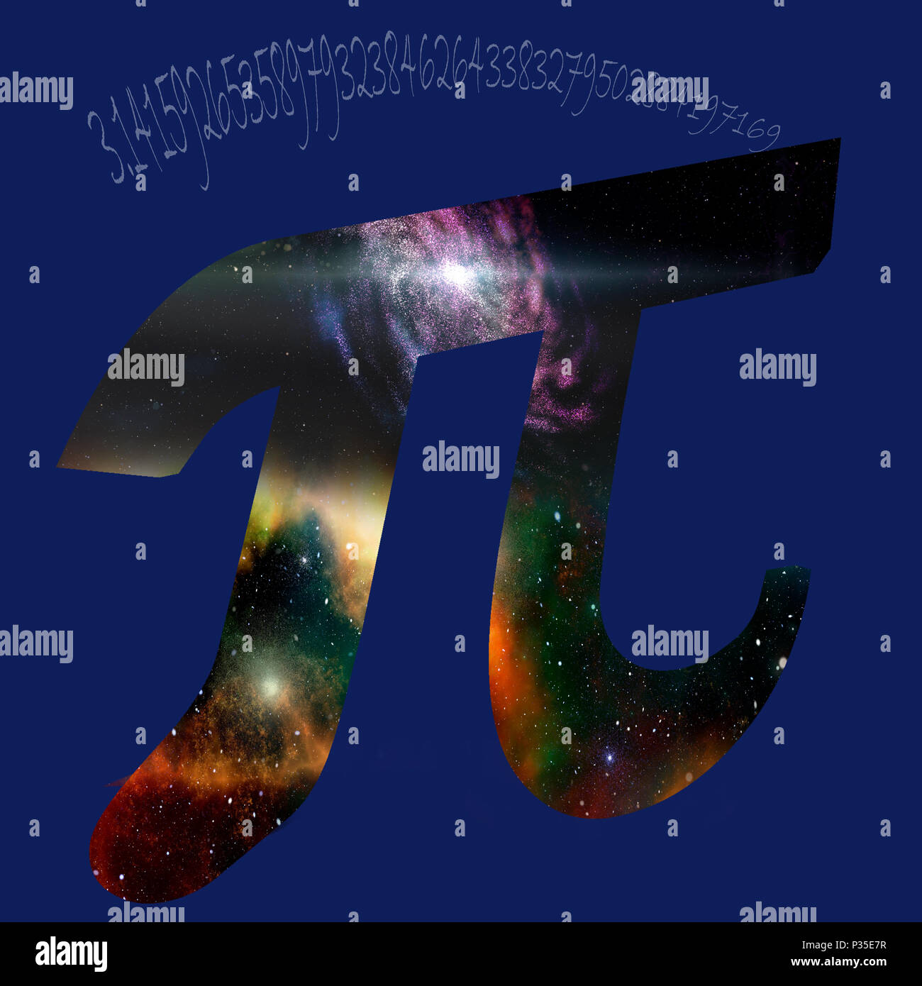 Migliorate digitalmente immagine della lettera greca Pi segno matematico con le prime cifre del numero in background Foto Stock