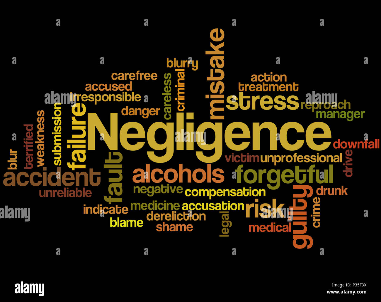 La negligenza, word cloud concetto su sfondo nero. Foto Stock