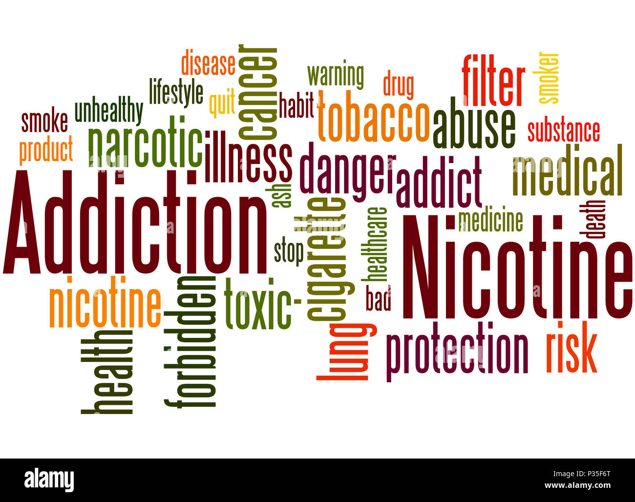 Dipendenza da nicotina, word cloud concetto su sfondo bianco. Foto Stock