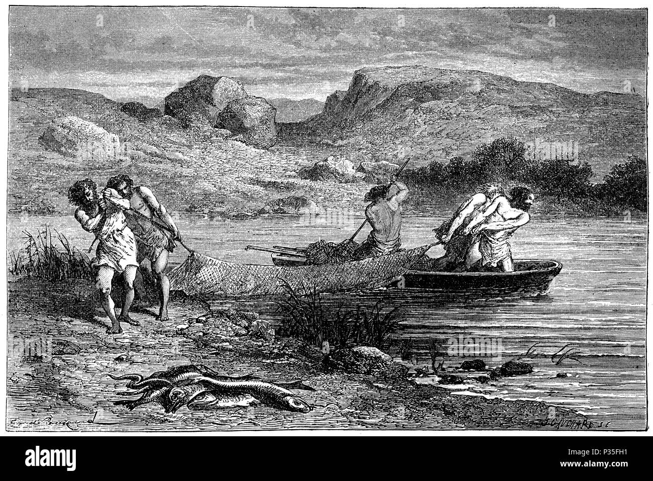 Pesca in epoca preistorica, 1874 Foto Stock
