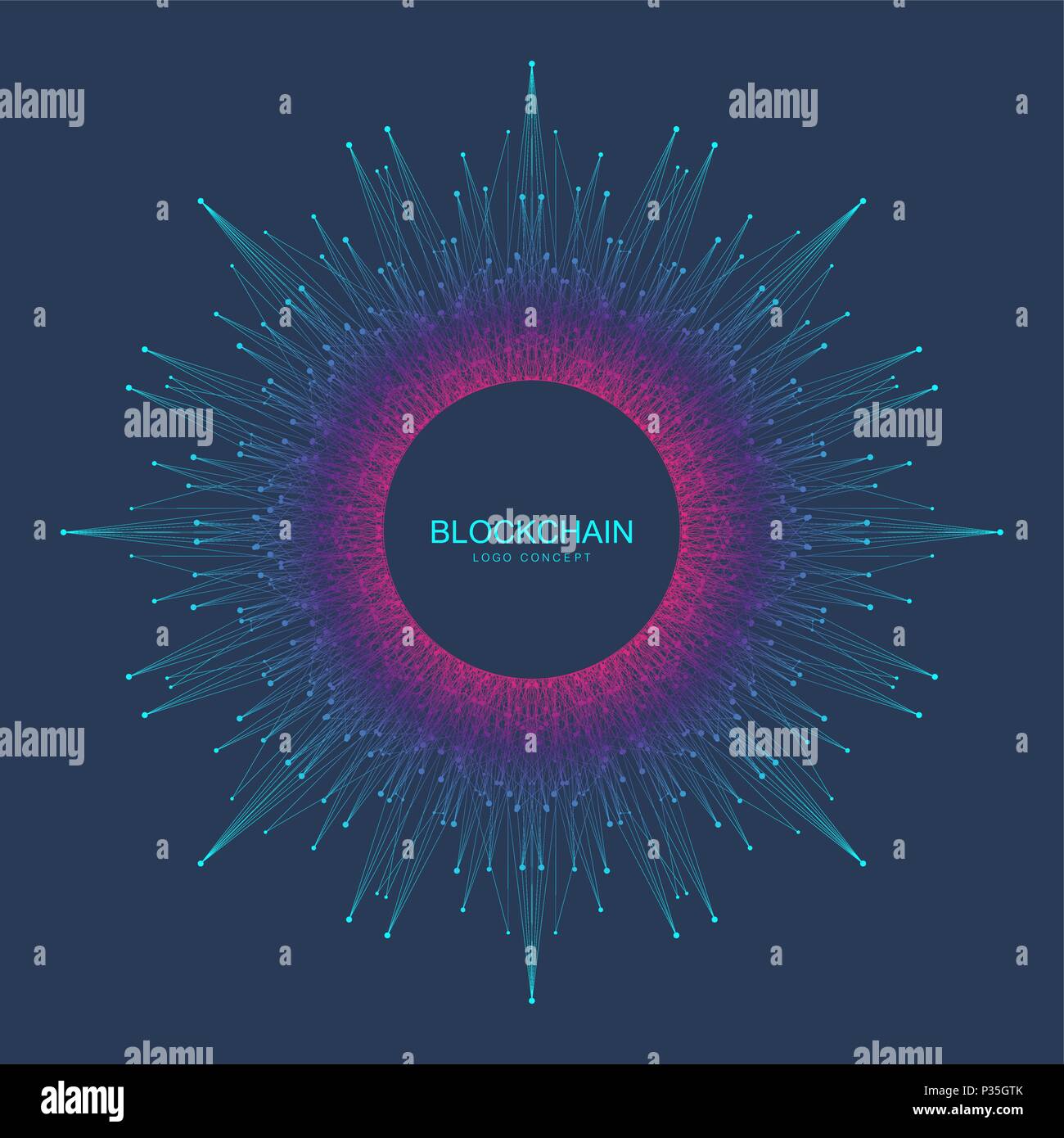 Logo Blockchain, segno, icona del concetto. Frattali dati cryptocurrency banner design. Grafica geometrica astratta design block chain technology segno aziendale. Illustrazione Vettoriale. Illustrazione Vettoriale