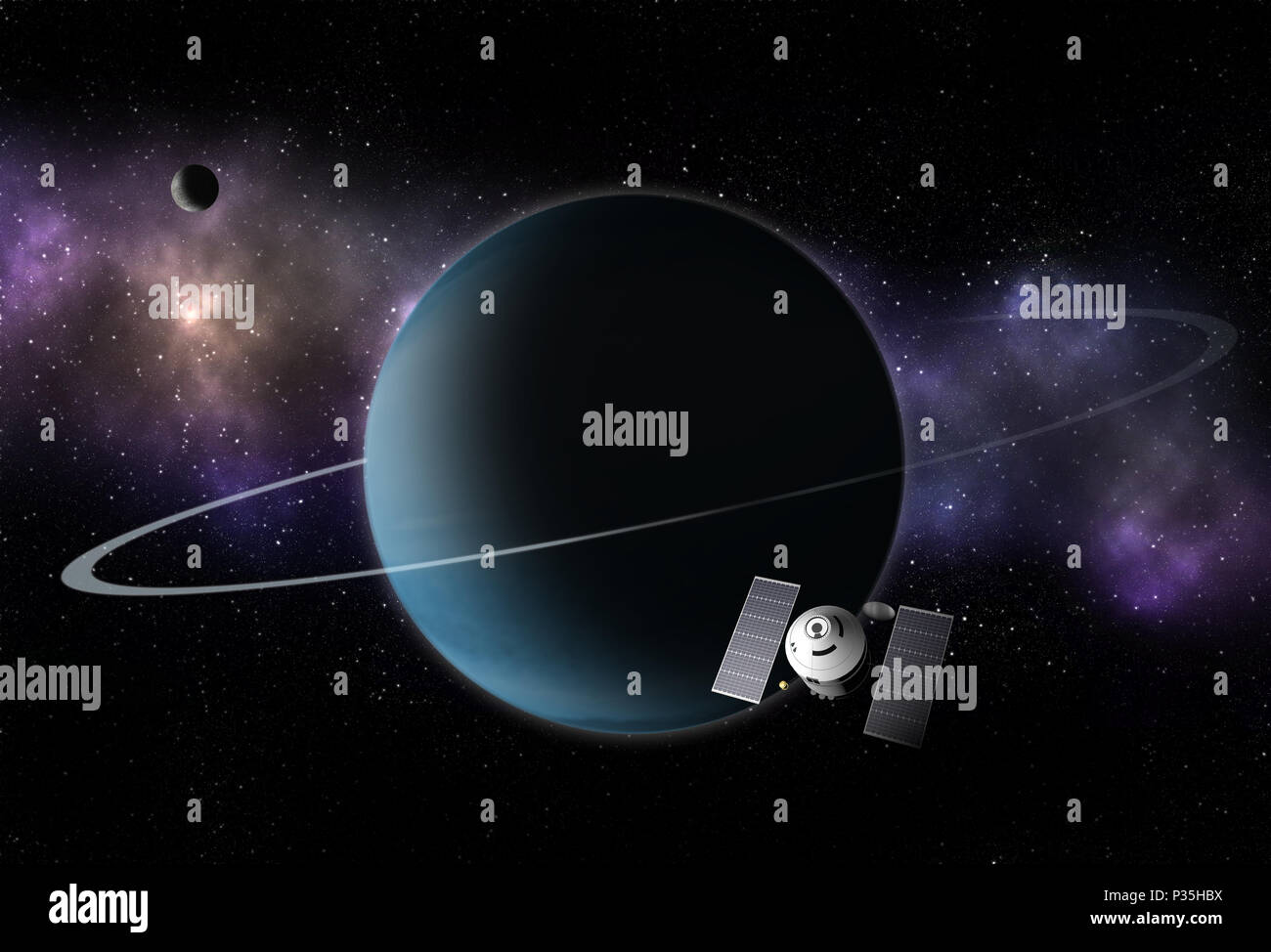 Astronave interstellare battenti al pianeta sconosciuto con anelli in toni di blu. Esplorazione dello spazio. Foto Stock