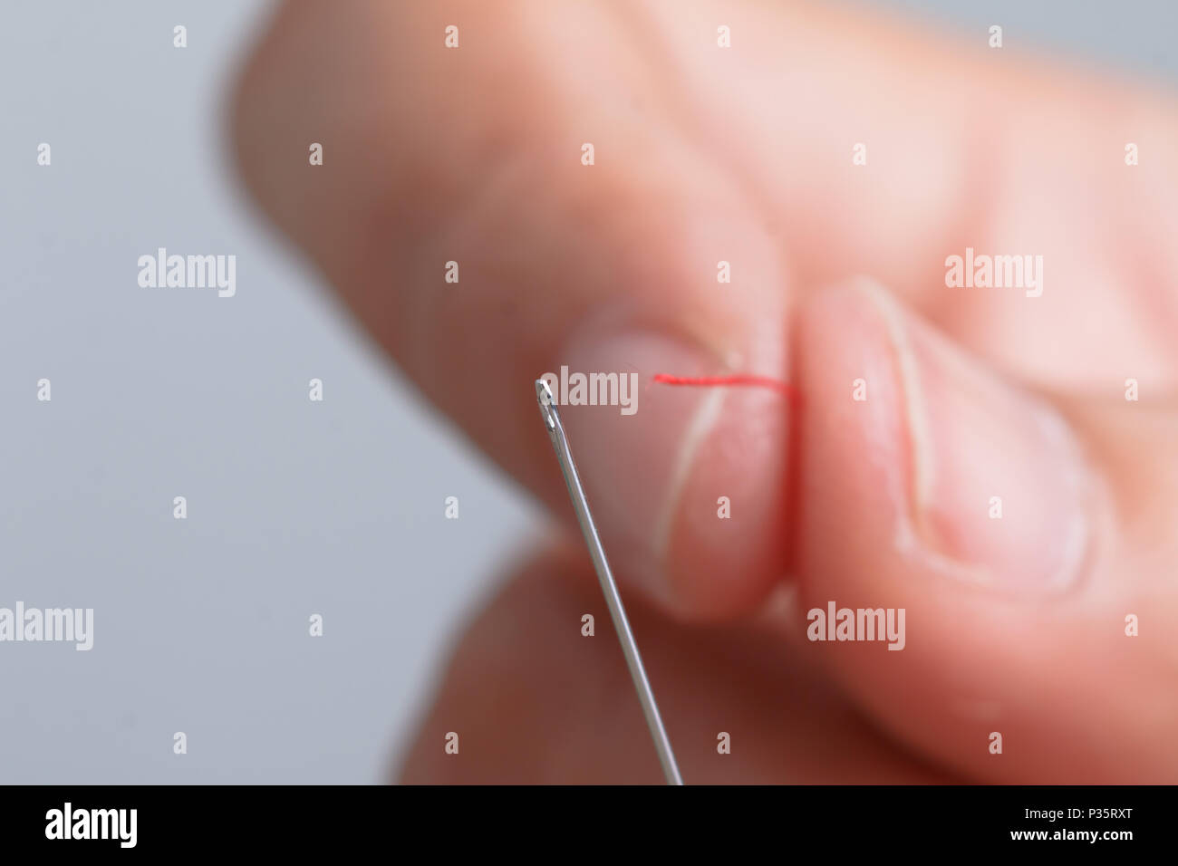 Vicino la mano che regge il rosso filettato con aghi di cucitura. Selezionare la messa a fuoco leggera profondità di campo e sfondo sfocato con copia spazio. Foto Stock