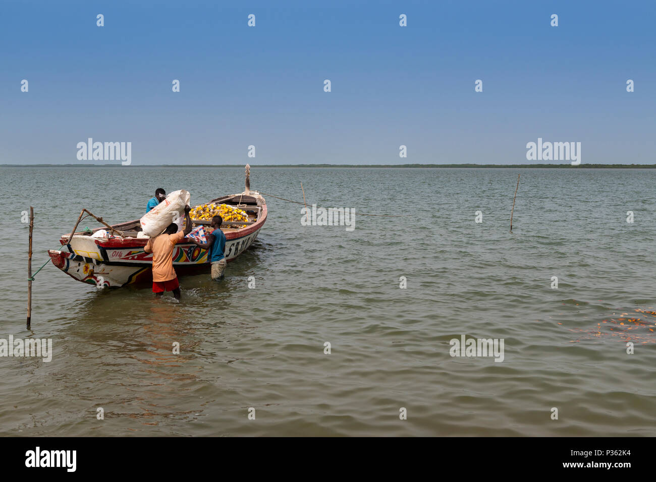 Cacheu, Repubblica di Guinea Bissau - 1 Febbraio 2018: i pescatori preparano le loro canoe nel porto della città di Cacheu in Guinea Bissau. Foto Stock