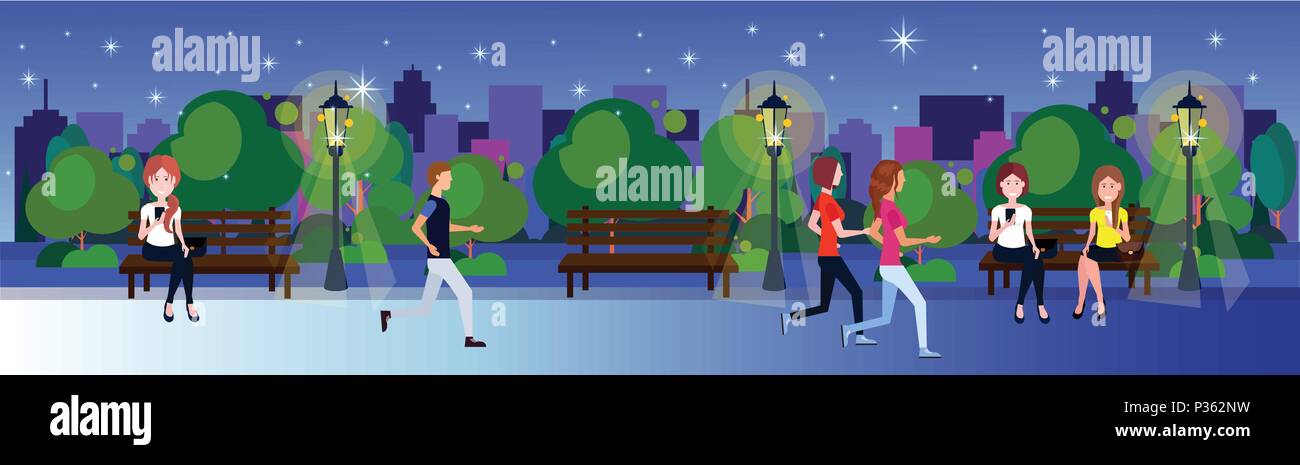 Pubblica il parco di notte donna uomo seduto panca in legno all'esterno in esecuzione a piedi prato verde di alberi in città edifici sfondo modello banner piatta Illustrazione Vettoriale