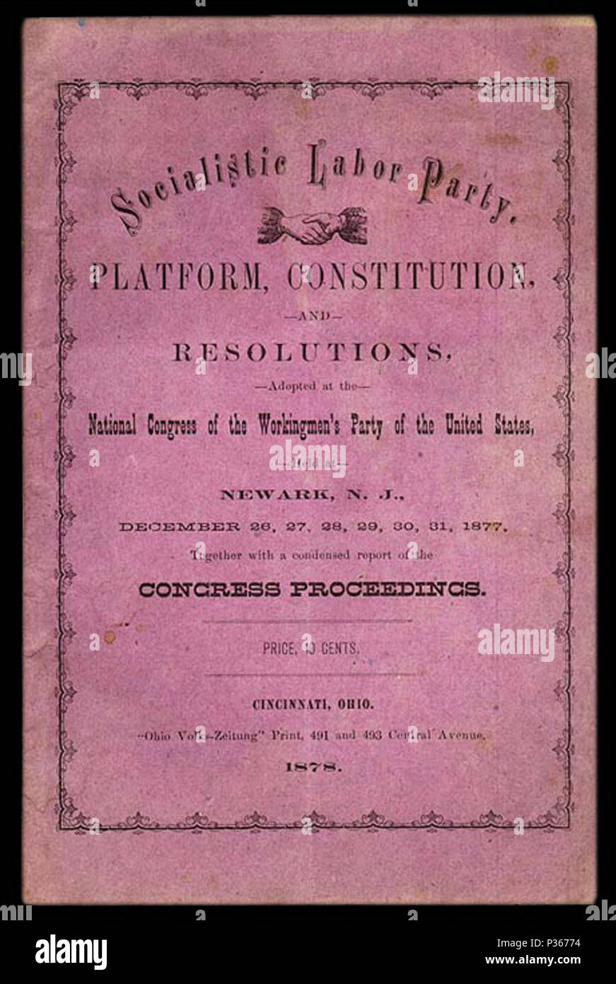. Inglese: coperchio del 1877 opuscolo rilasciato dal socialista partito laburista di America . 1877. Socialista Partito Laburista di America 1 1877-slp-congresso Foto Stock