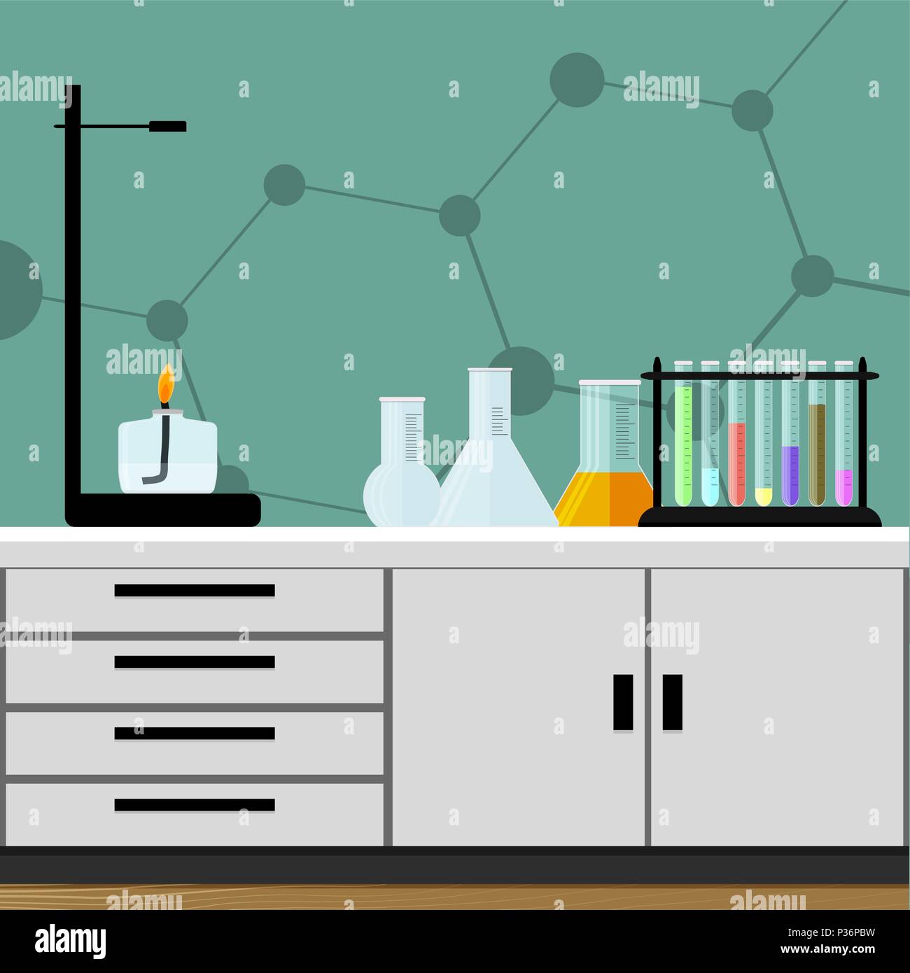 Chem laboratorio con sostanze colorate. La ricerca medica apparecchiature, riscaldando la reazione. Illustrazione Vettoriale Illustrazione Vettoriale