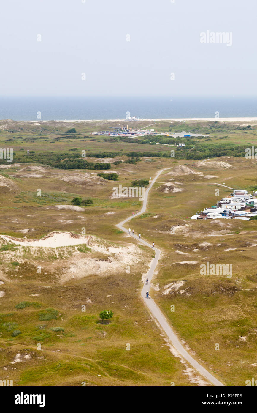 Vista aerea di un sentiero tra incolto dune di sabbia in Norderney, Germania. La spiaggia in background. Foto Stock