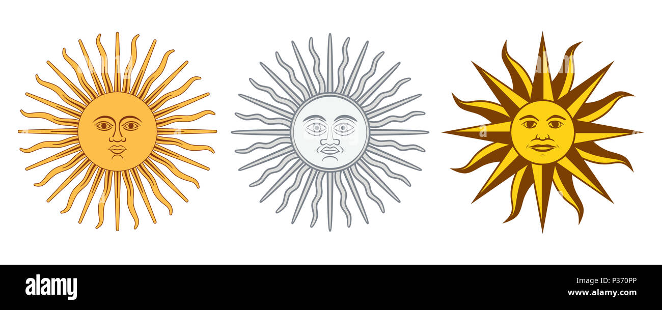 Sole di maggio variazioni. Lo spagnolo Sol de Mayo, emblemi nazionali di Uruguay e Argentina. Raggiante, argento o giallo dorato sole con volto umano. Foto Stock