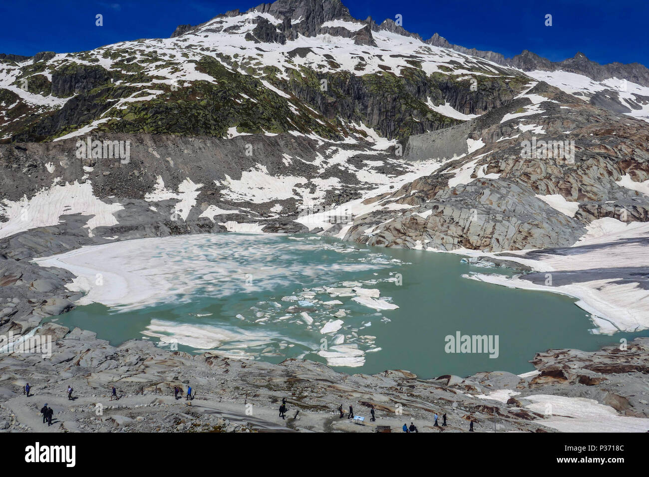 Lago alla fine del ghiacciaio del Rodano, Furka Pass, ghiacciaio del Rodano, Rhonegletsch, primavera, Svizzero, Svizzera Foto Stock