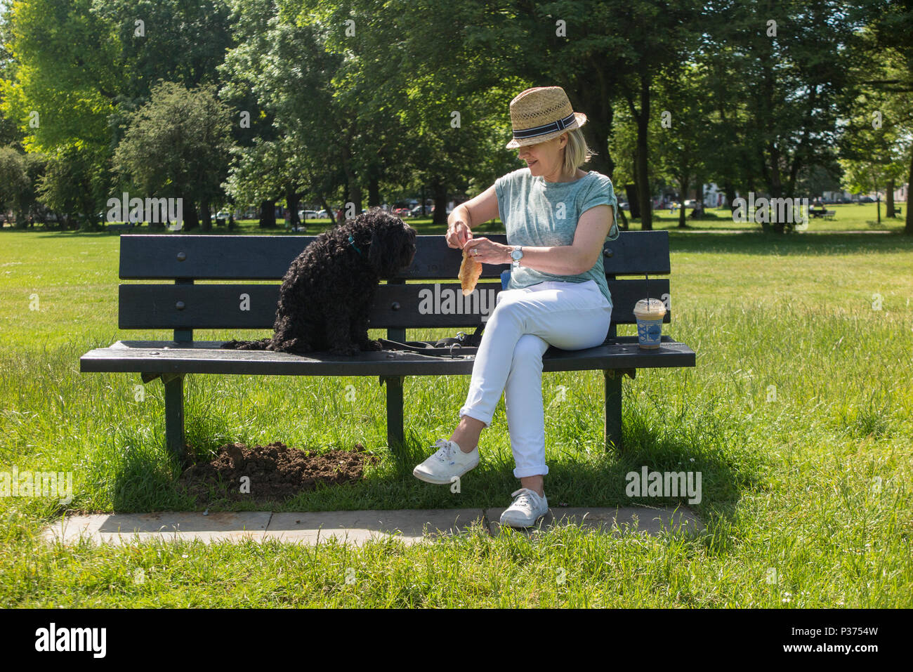 Una donna che condivide la sua croissant con il suo cane su una panchina nel parco gustando un caffè Foto Stock