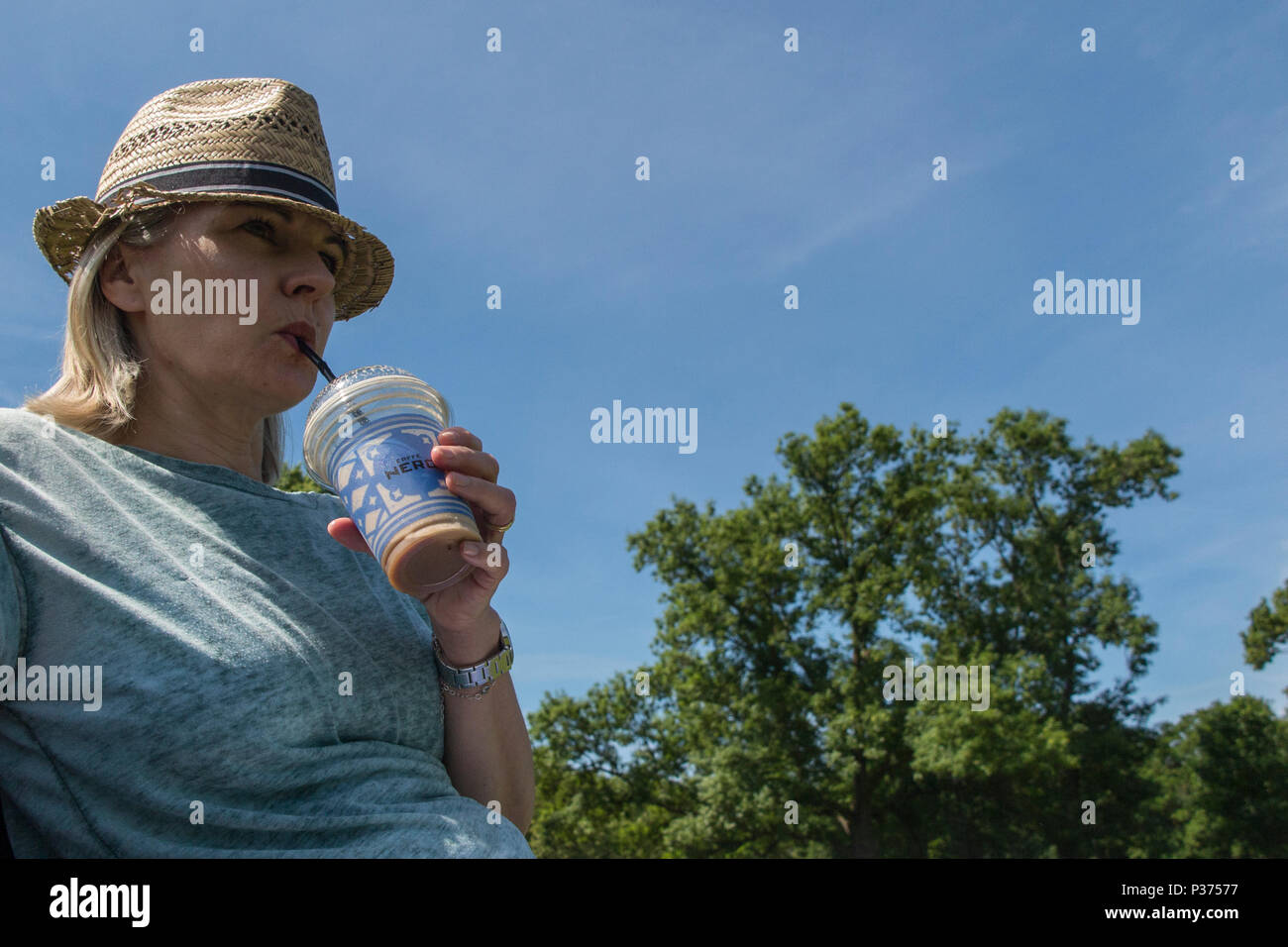 Una donna in un cappello di paglia gode di un caffè freddo in estate in un parco di Londra Foto Stock