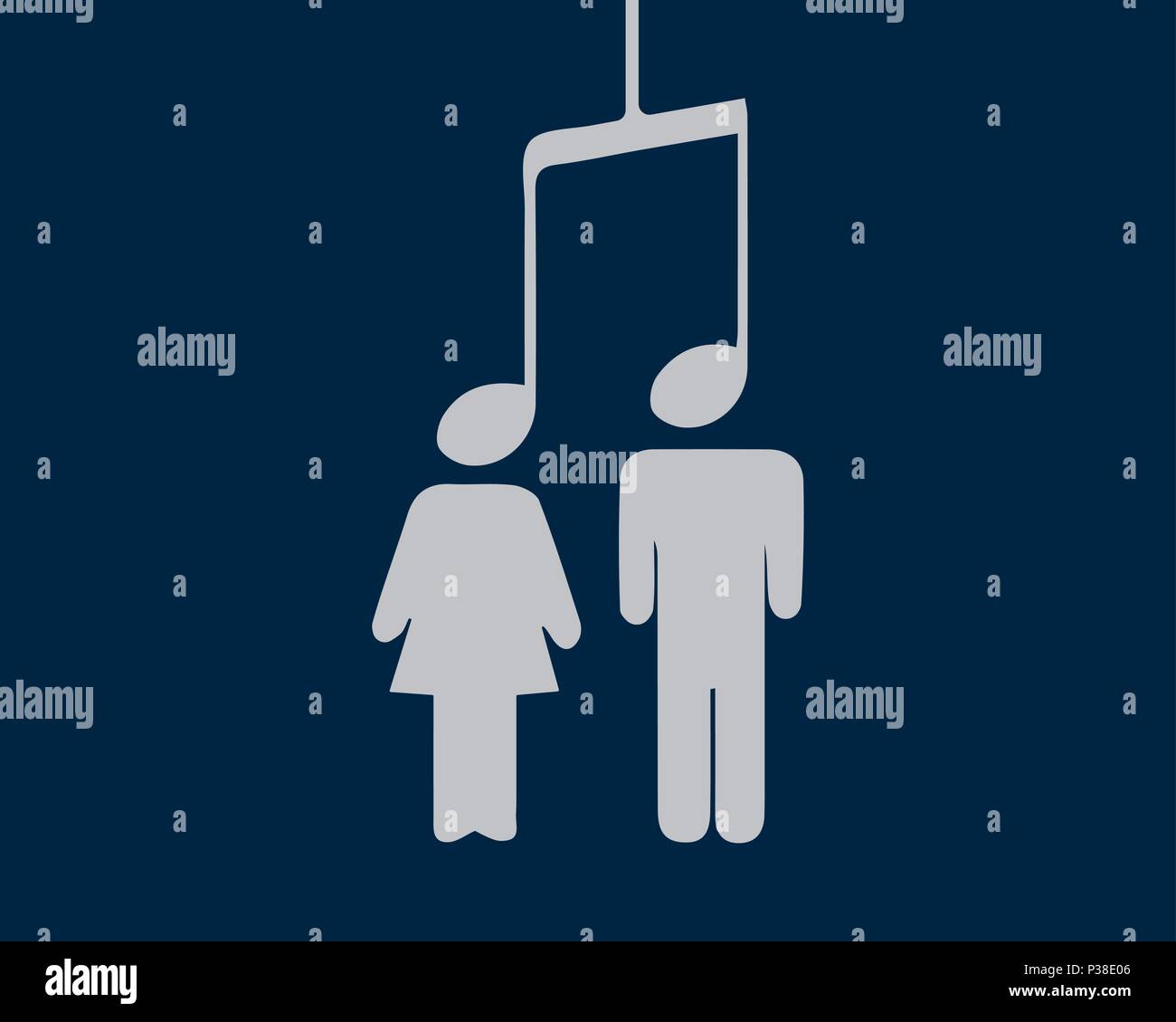 Una immagine di una nota sulla cui estremità sono sagome di un uomo e di una donna. Illustrazione Vettoriale. La musica unisce le persone. Illustrazione Vettoriale