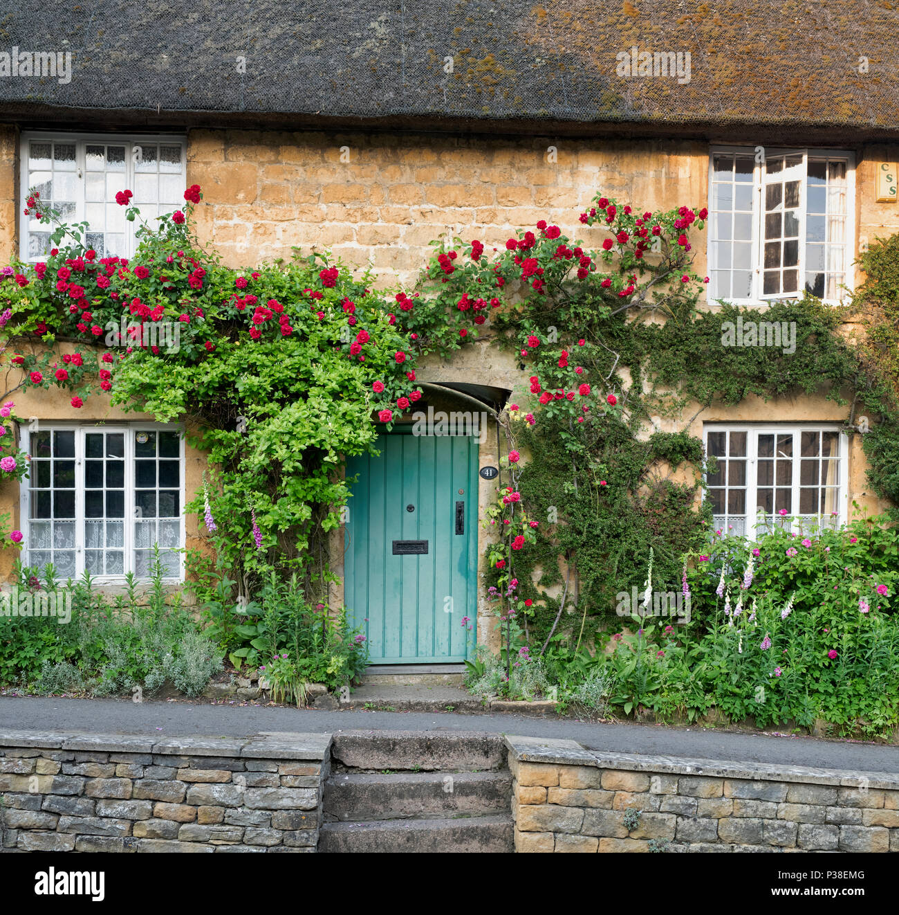 Cottage con tetto in paglia e red rose rampicanti intorno alla porta anteriore Ebrington, Chipping Campden, Gloucestershire, Inghilterra Foto Stock