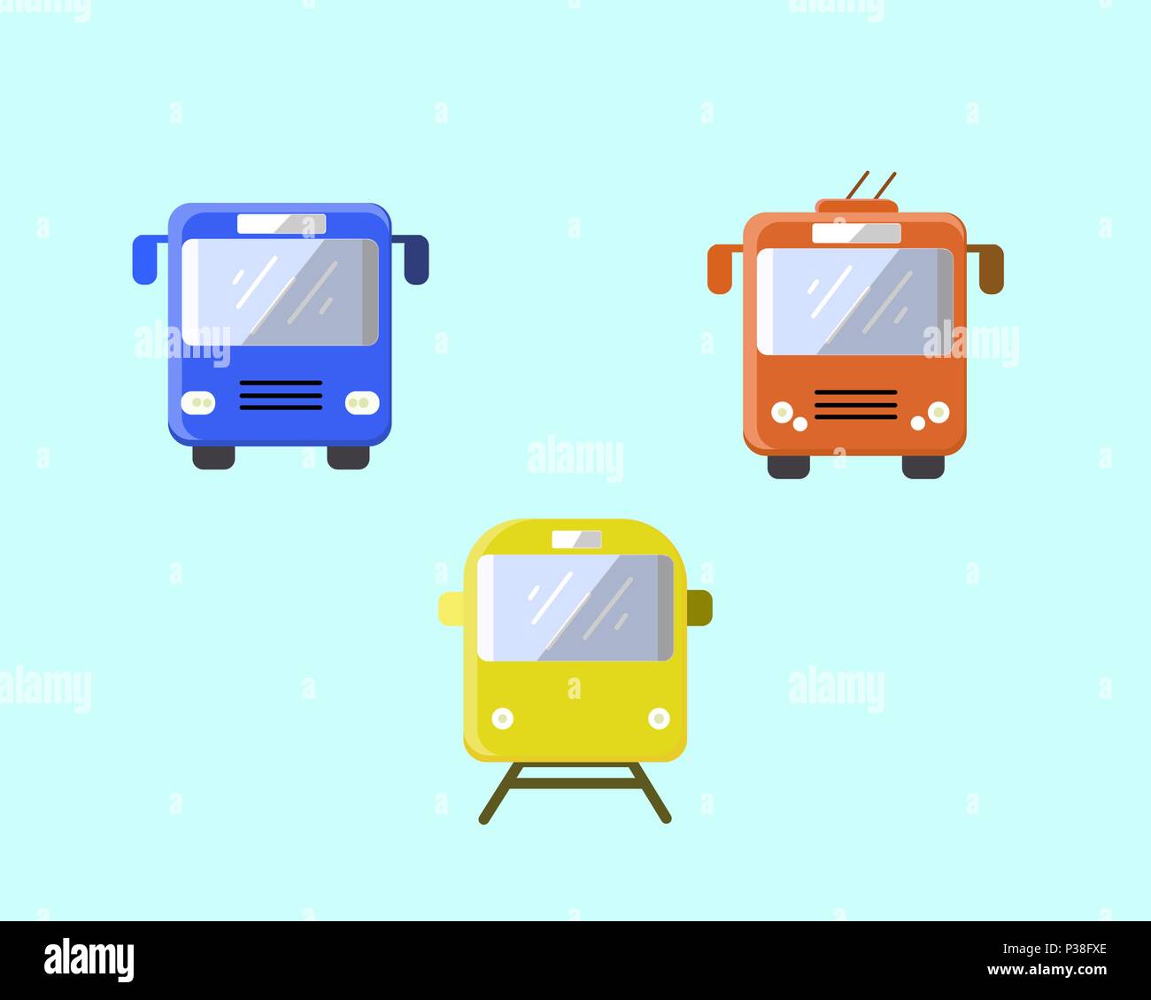 Mezzi di trasporto pubblici: autobus, filobus e tram. Illustrazione Vettoriale. Impostare il trasporto su uno sfondo luminoso. Illustrazione Vettoriale