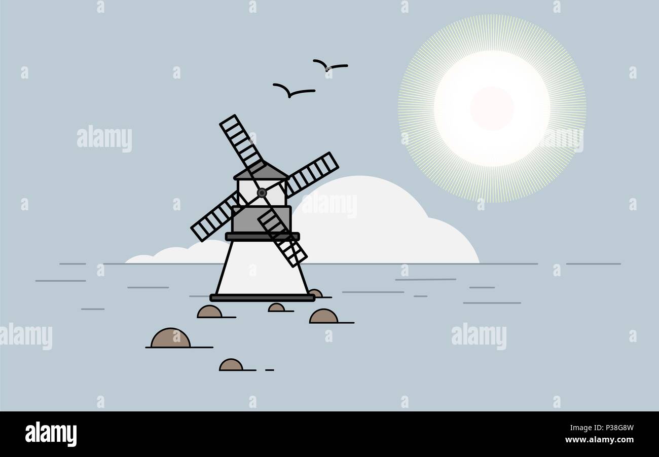 Mulino a vento in mare. Una illustrazione vettoriale di un paesaggio con un mulino. Illustrazione Vettoriale