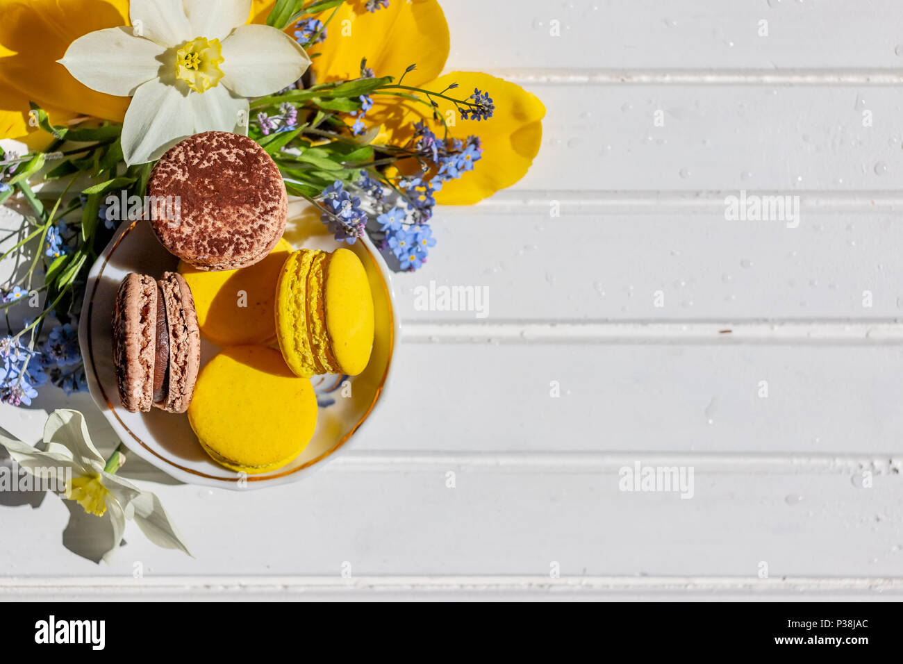 Amaretti colorati sulla piastra su bianco tavolo in legno. Macarons dolci e fiori. Composizione con fiori di gara fiorisce e francese dessert. Vista da sopra con lo spazio di copia Foto Stock