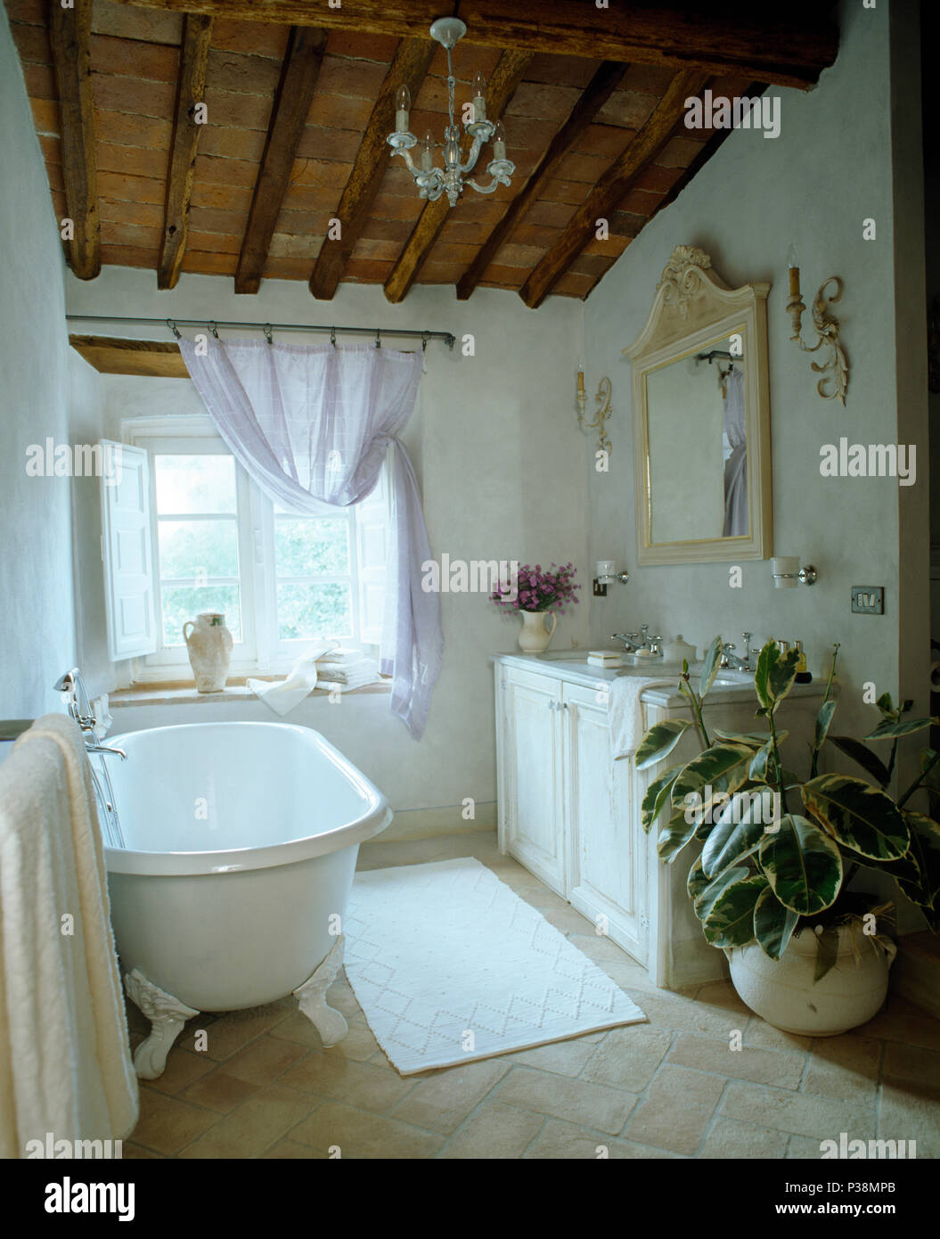 Roll-top bagno e grande houseplant nel paese toscano bagno con tappeto bianco sul pavimento in piastrelle di terracotta Foto Stock