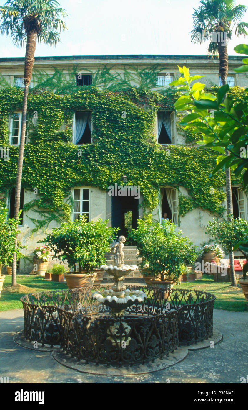 La fontana e la piccola piscina ornato di ringhiera di ferro battuto in giardino con alte palme di fronte edera-coveredTuscan villa Foto Stock