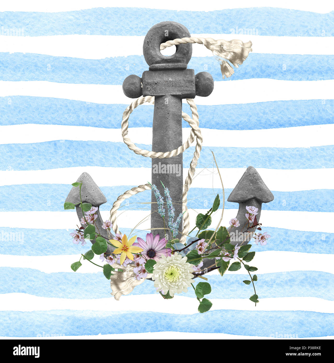 Estate bouquet di fiori con corda e ancoraggio grigio sul blu e bianco acquerello sfondo stripe Foto Stock