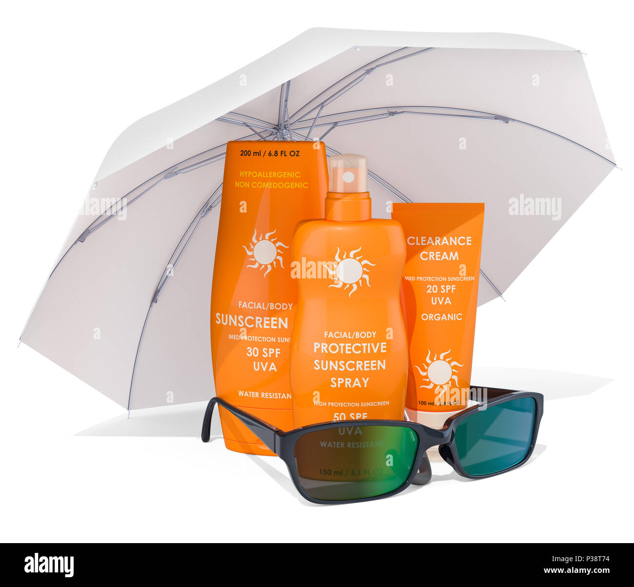 Prodotti per la protezione solare con gli occhiali da sole sotto ombrellone. Il rendering 3D Foto Stock
