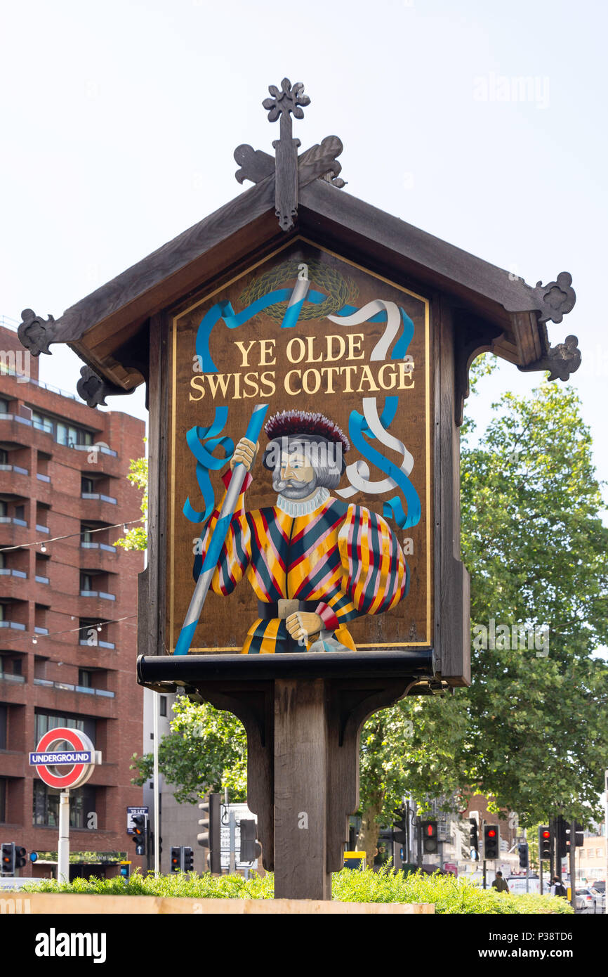 Pub segno a Ye Olde Swiss Cottage, Finchley Road, Swiss Cottage, Hampstead, London Borough of Camden, Greater London, England, Regno Unito Foto Stock