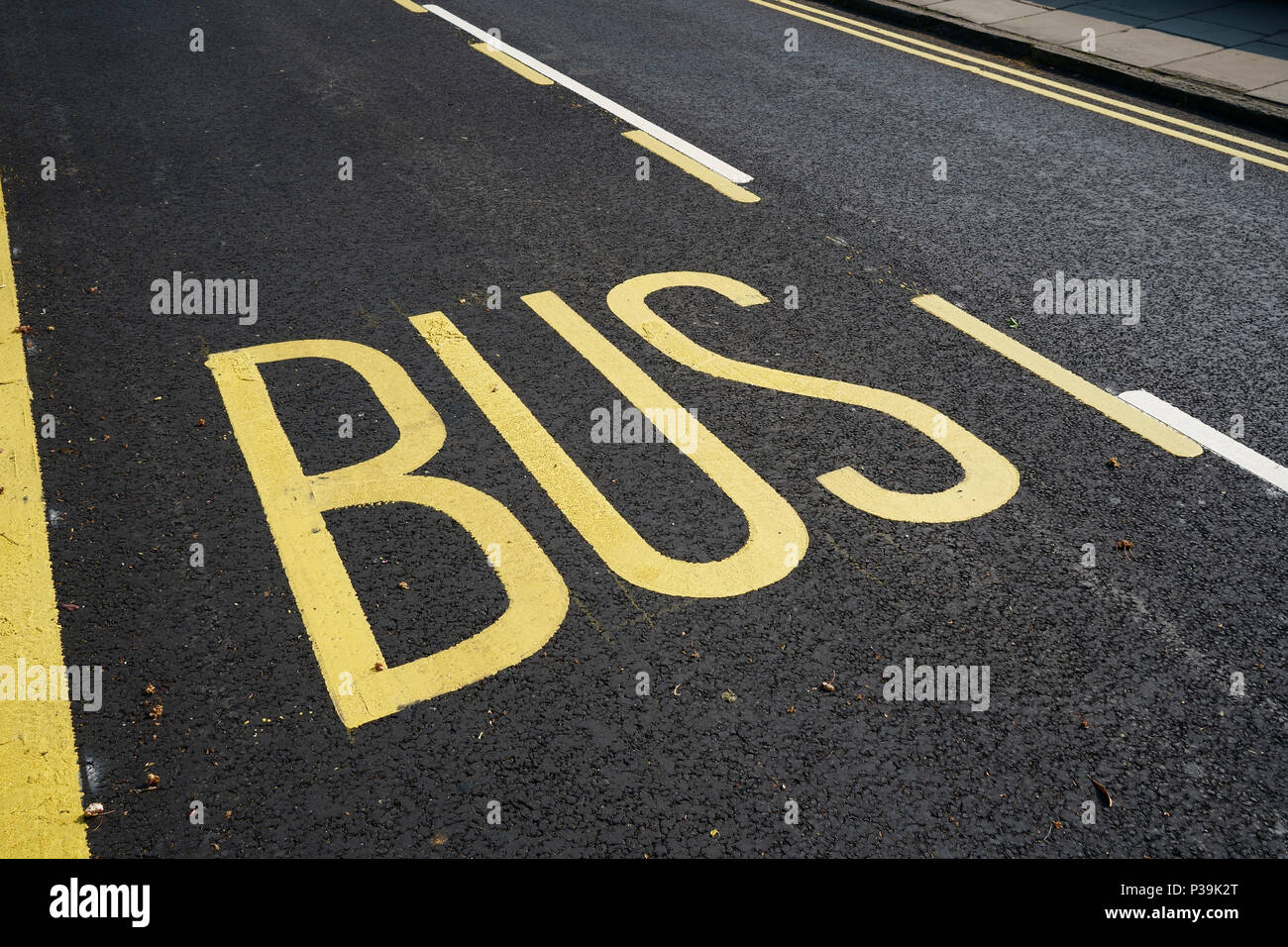 Fermata bus marcature dipinta su una nuova strada asfaltata Foto Stock