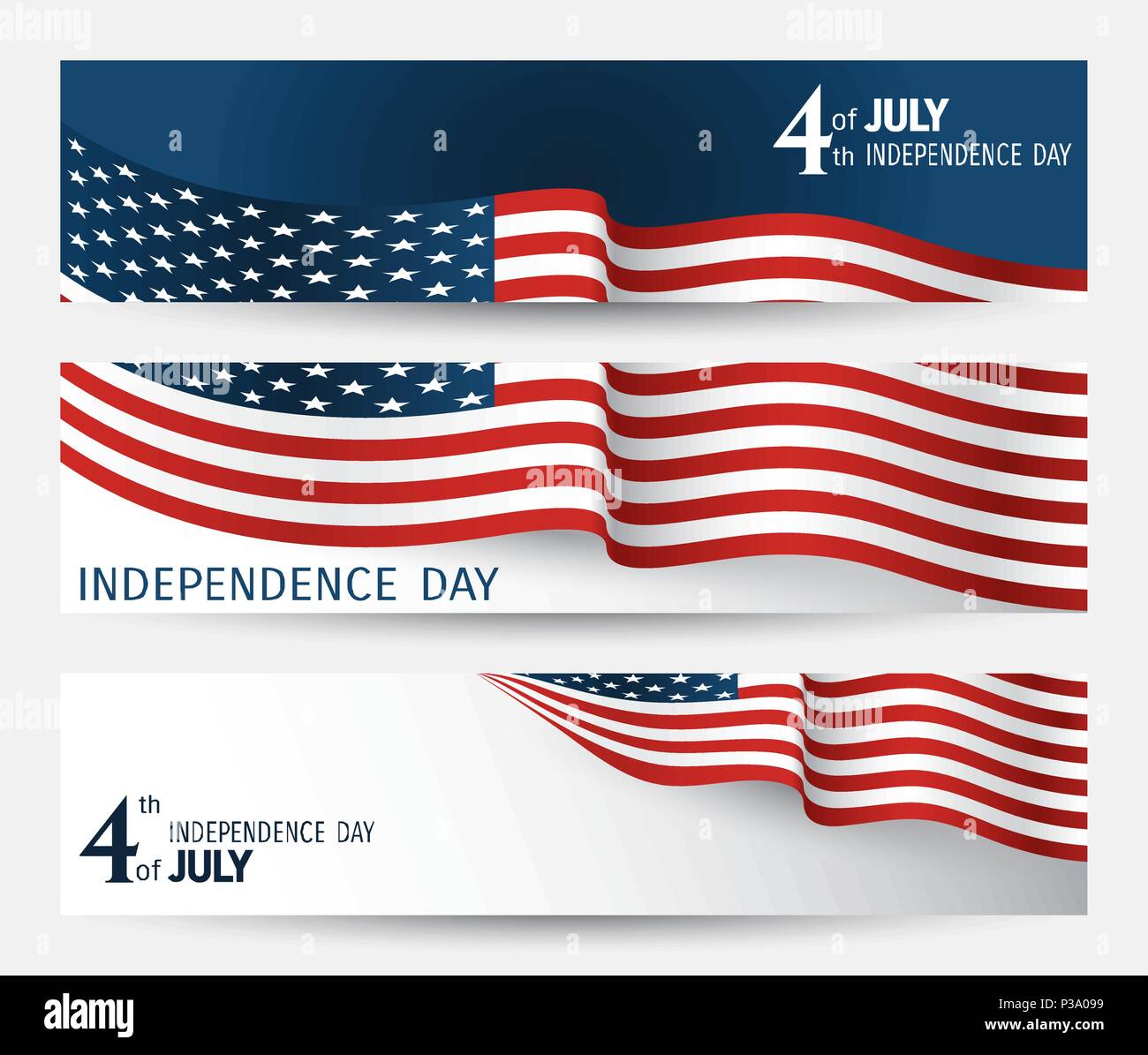 Set di banner per il giorno di indipendenza degli Stati Uniti d'America con frammenti di bandiera close-up su un blu e sfondo bianco Illustrazione Vettoriale