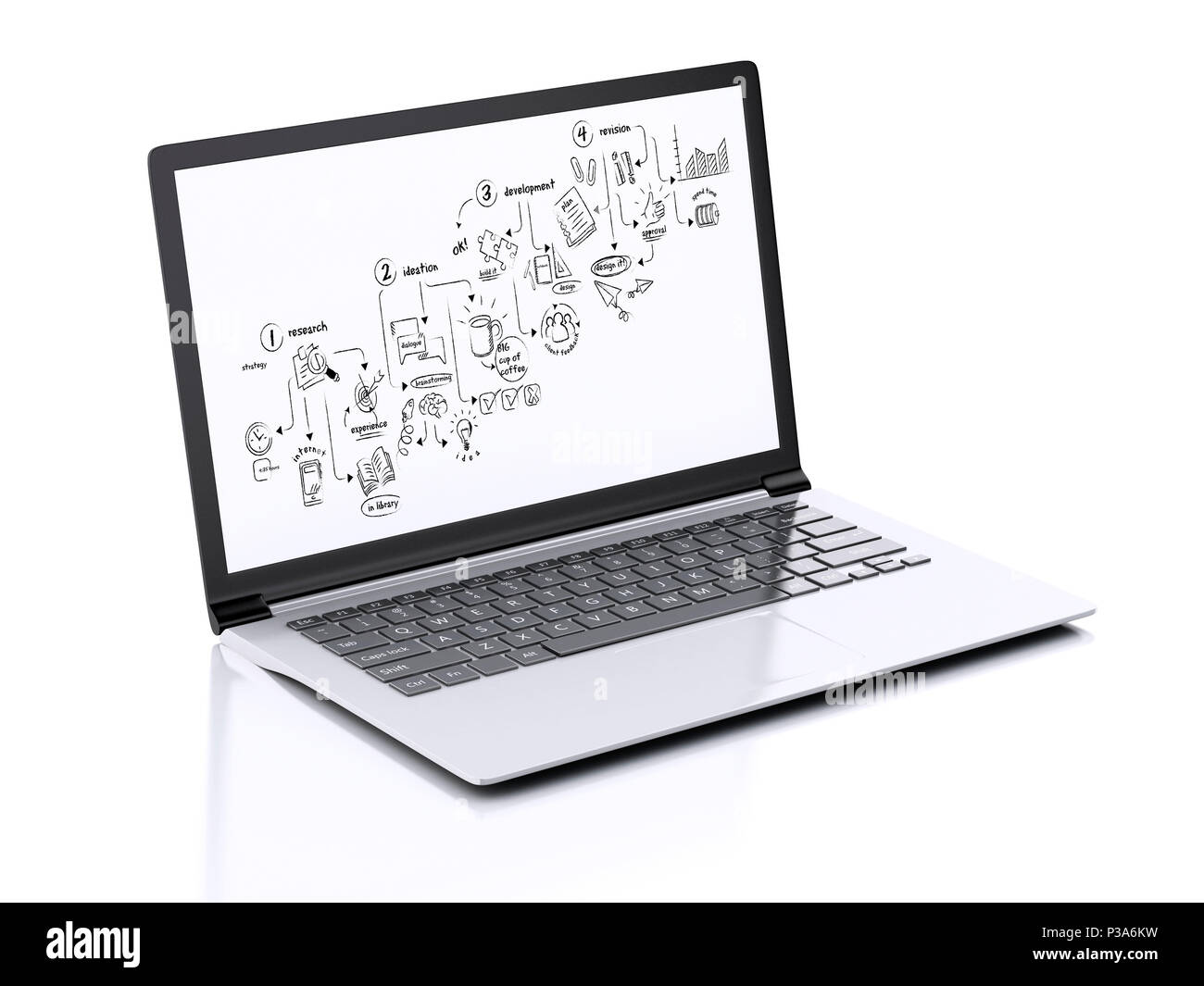 Immagine del laptop moderno con processo creativo disegna sullo schermo. 3d'illustrazione su sfondo bianco Foto Stock