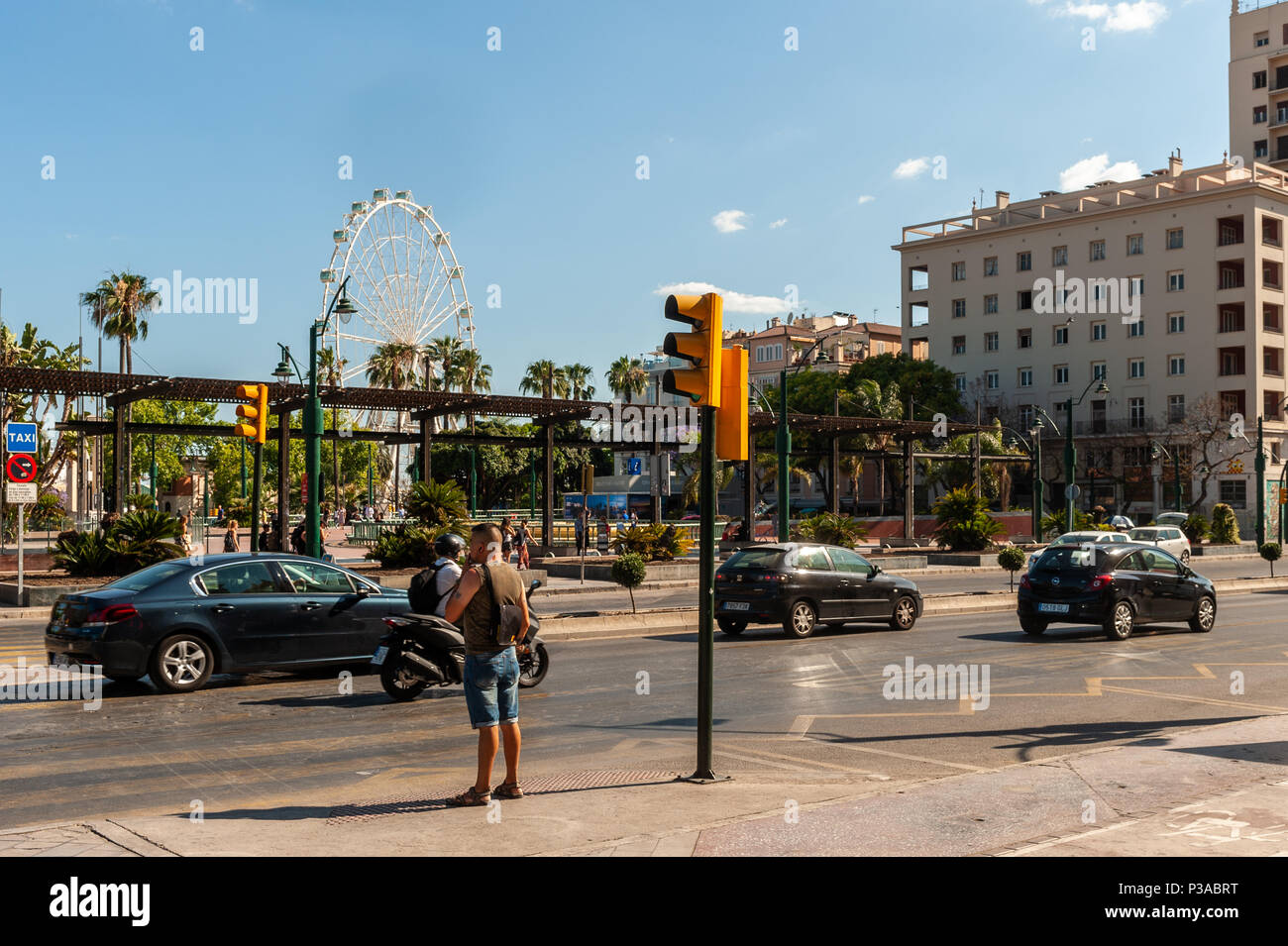 Vista del centro della città tra cui la ruota panoramica Ferris (Mirador Princess) in Malaga, Spagna Con copia spazio. Foto Stock