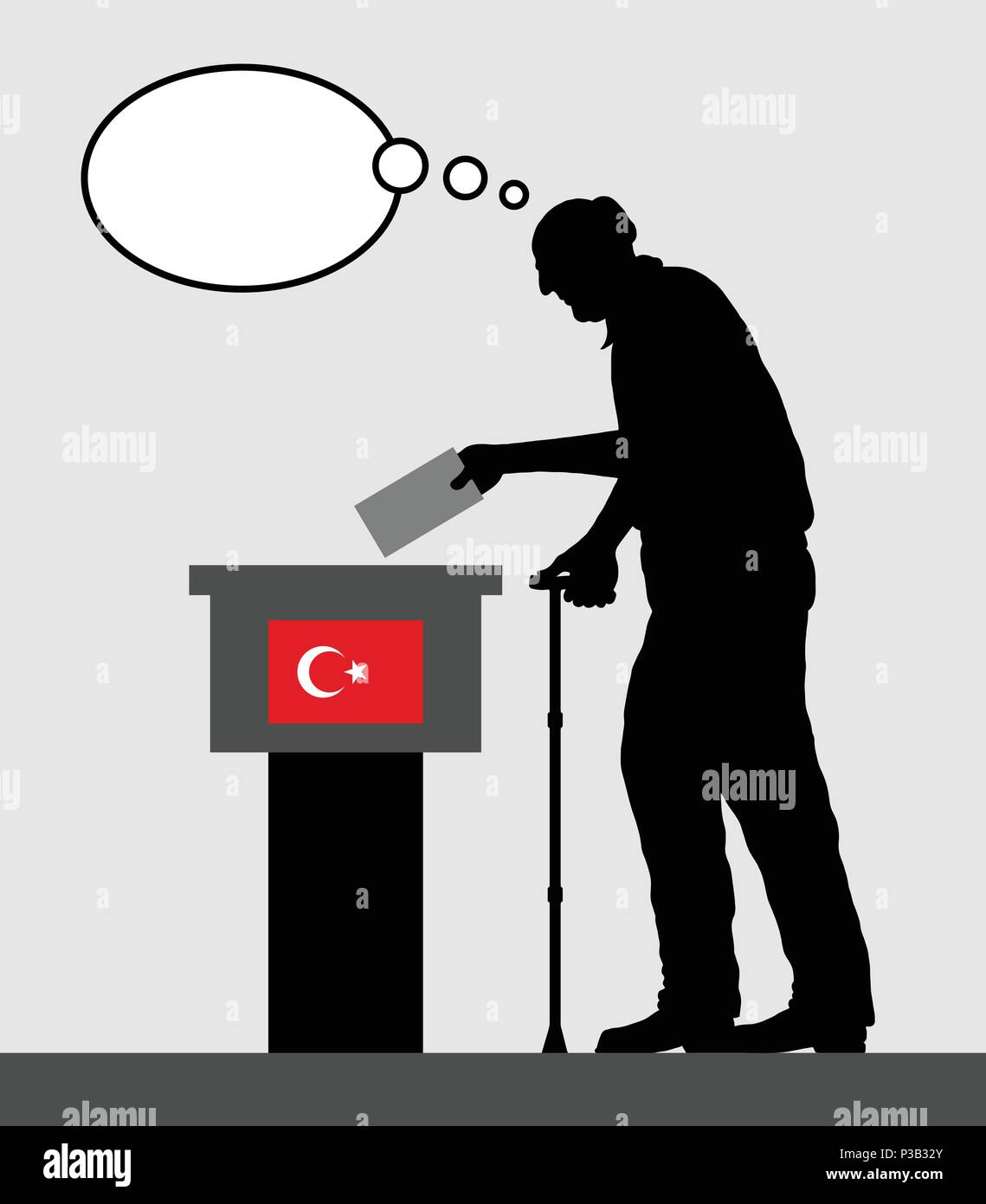 Elettore turco uomo vecchio votare alle elezioni in Turchia con bolle di pensiero. Tutti gli oggetti di silhouette e gli sfondi sono in diversi strati. Illustrazione Vettoriale
