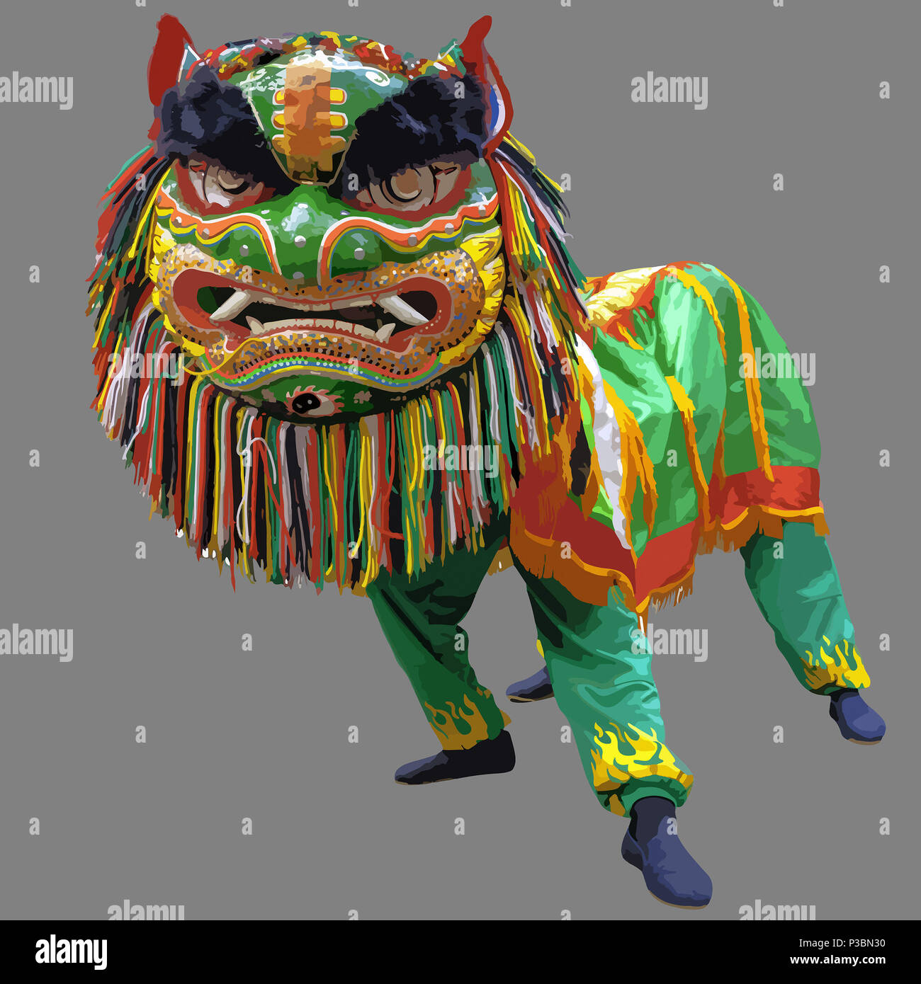 La danza del leone - Digital illustrazione grafica su sfondo grigio con percorso di clipping della danza cinese della cultura mimando lion nei movimenti in costume di lion . Foto Stock