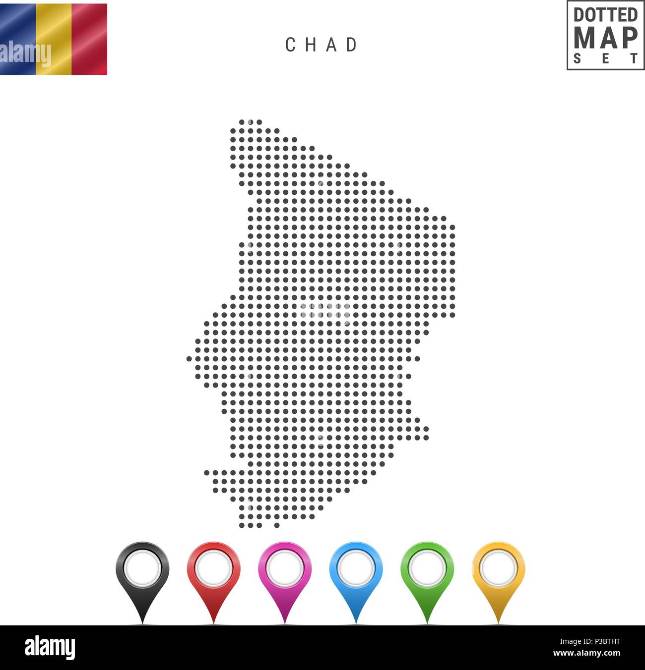 Vettore Mappa tratteggiata del Ciad. Semplice Silhouette del Ciad. La Bandiera Nazionale del Ciad. Insieme multicolore i marcatori mappa Illustrazione Vettoriale
