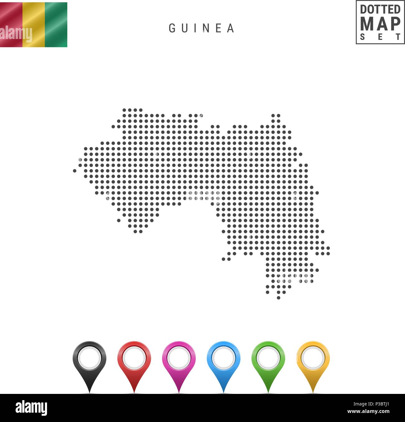 Vettore Mappa punteggiata di Guinea. Semplice Silhouette della Guinea. La bandiera nazionale della Guinea. Insieme multicolore i marcatori mappa Illustrazione Vettoriale
