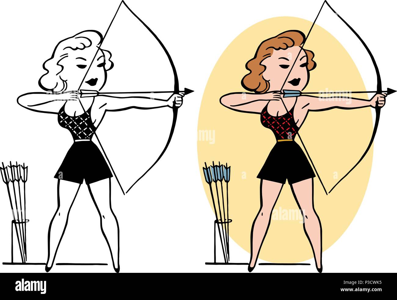 Una femmina di archer prende la mira con il suo arco e frecce. Illustrazione Vettoriale