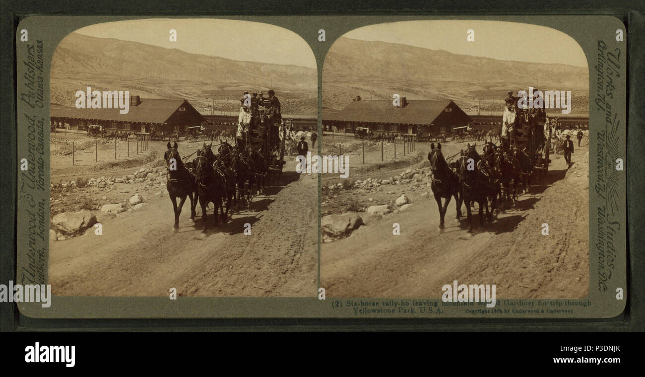 273 SEI-cavallo-tally ho lasciando mountain walled Gardiner per escursione attraverso il parco di Yellowstone, U.S.A, da Underwood &AMP; Underwood 3 Foto Stock