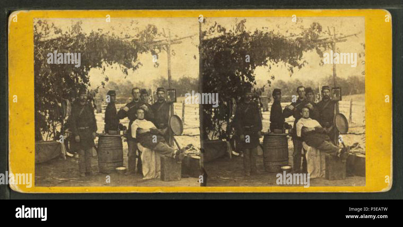 . Il barbiere amatoriale. Titolo alternativo: Camp scene. Armata del Potomac. Copertura: 1861-1865. Elemento digitale pubblicata 8-11-2006; aggiornato 6-25-2010. 300 Il barbiere amatoriale, da Robert N. Dennis raccolta di vista stereoscopica Foto Stock