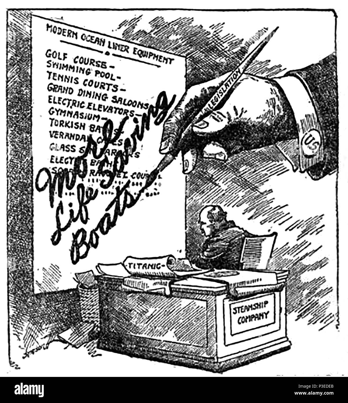 Naufragio del Titanic - Un 1912 vignetta satirica commentando che nonostante le strutture di lusso, la nave era insufficiente le imbarcazioni di salvataggio Foto Stock