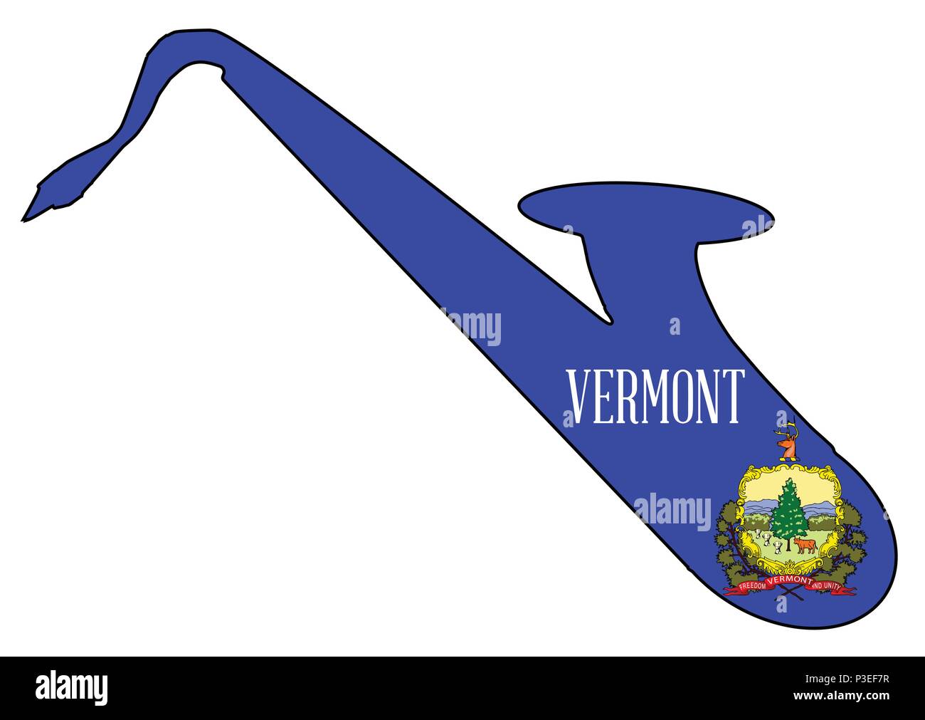 Silhouette di un sassofono con un'impressione la bandiera degli Stati Uniti d'America lo stato del Vermont su uno sfondo bianco Illustrazione Vettoriale