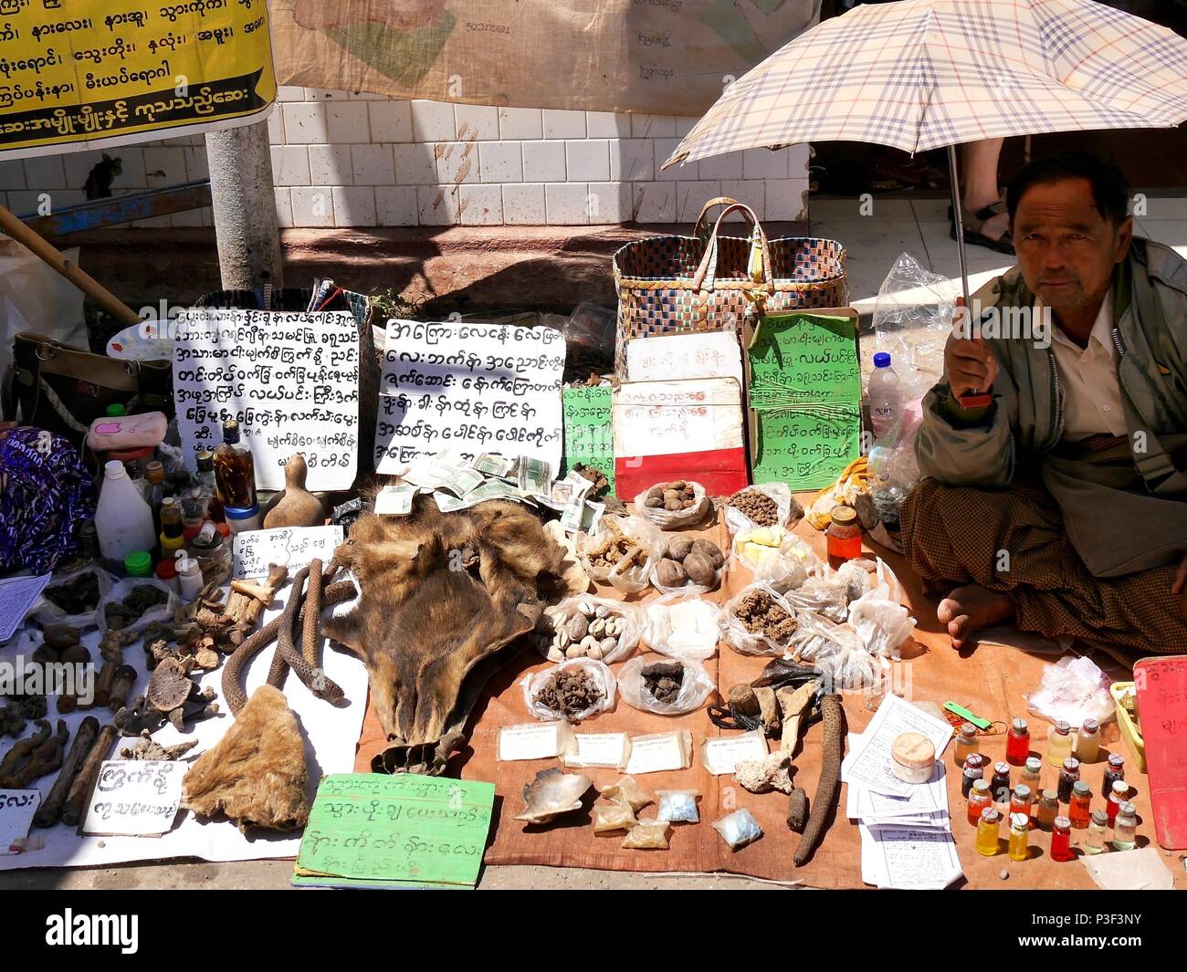 Di birmani uomo seduto su un marciapiede sotto ombrellone vendita rimedi tradizionali (erbe,pozioni,ossa pelli,etc) con segni scritti a mano per spiegare loro Foto Stock