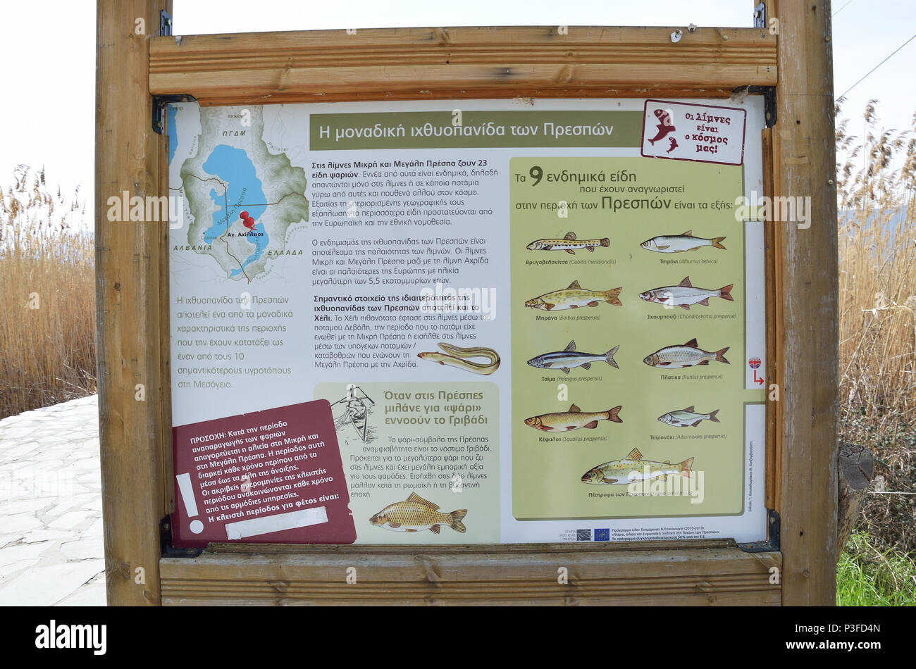 Minore lago Prespa , Grecia - MARZO 28, 2016: Informazioni segno con pesci endemiche del lago prespes in greco. Foto Stock