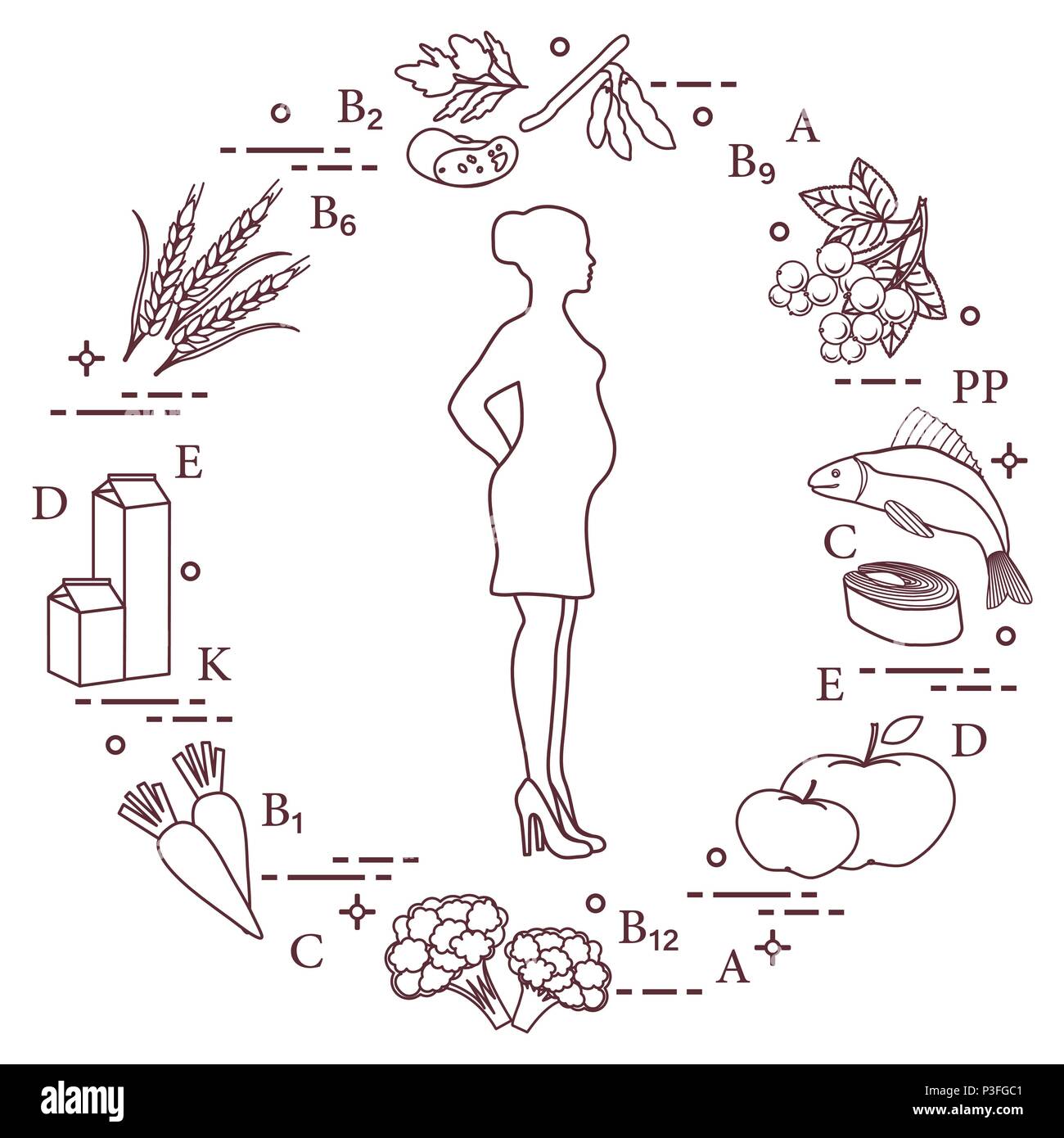 Donna incinta e di cibi ricchi di vitamine utili per le donne in gravidanza. Pesci, mele, cavolfiore, carote, prodotti lattiero-caseari, il ribes nero, soia, siamo Illustrazione Vettoriale