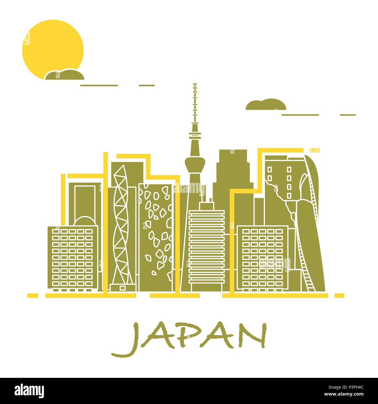 Insolita architettura giapponese. Famoso edificio e grattacieli. Viaggi e tempo libero. Illustrazione Vettoriale