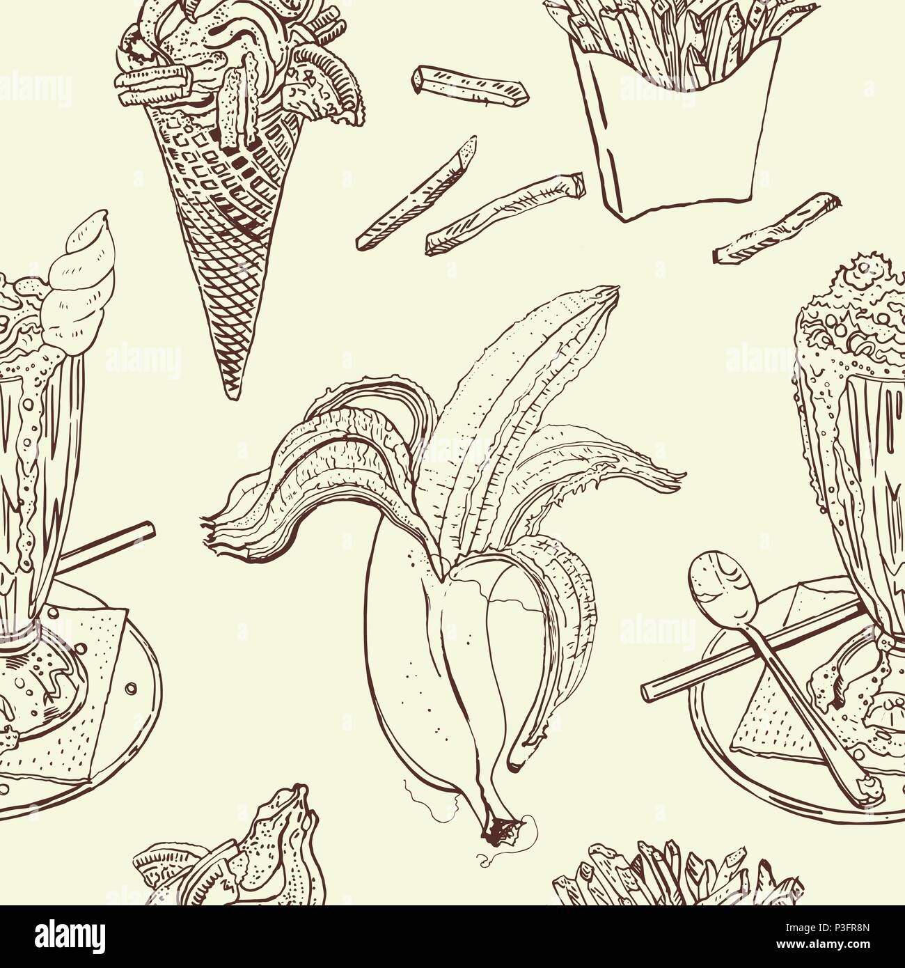 Gli spuntini e i dolci vintage modello senza giunture: milk shake, gelato, banana, patatine fritte. Il cioccolato marrone, beige. Disegnata a mano sketchy illustrazione vettoriale. Cafe, coffee shop design, la stampa tessile. Illustrazione Vettoriale