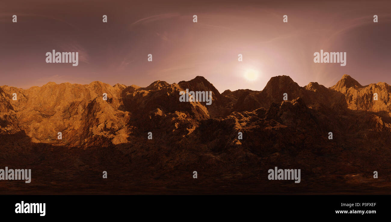 Mappa HDRI, ambiente sferico panorama dello sfondo con la gamma della montagna all'alba, la sorgente di luce (rendering 3D rendering equirettangolare) Foto Stock